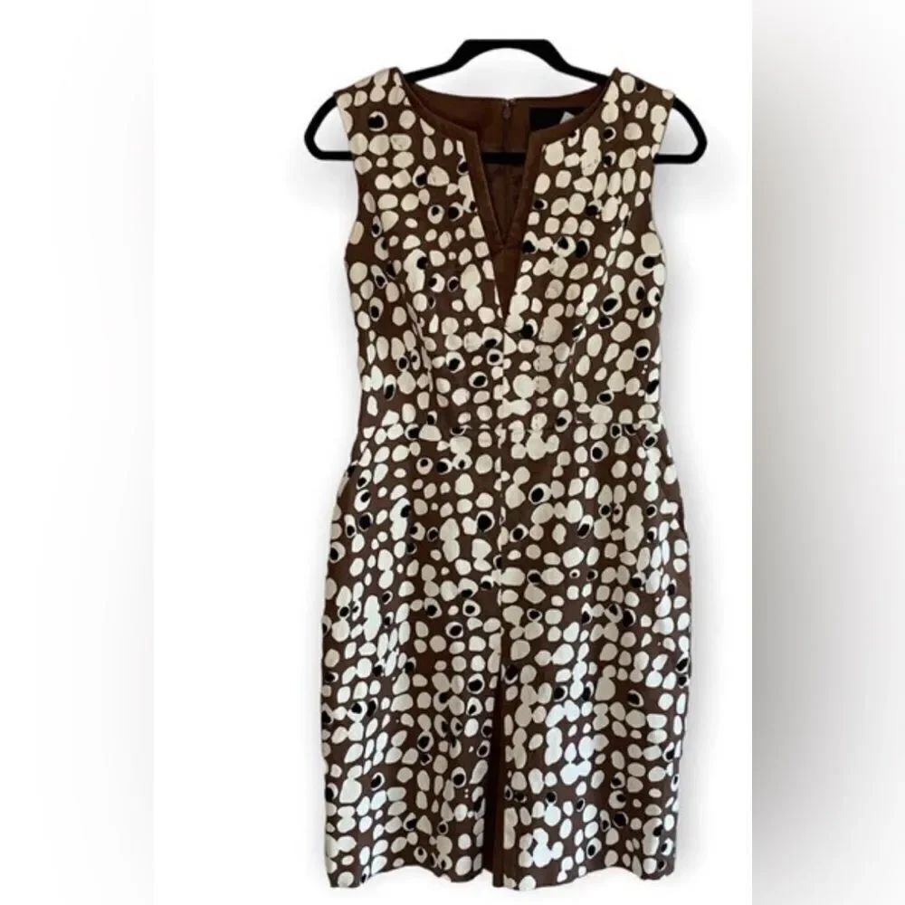 Carlisle Brown Abstract Dot Print Sheath Dress V Neck Sheath Dress Sleeveless 16